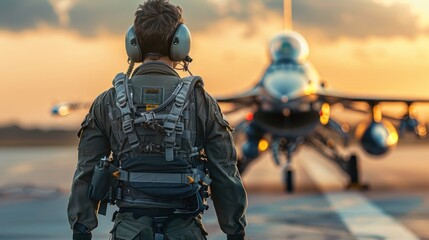 A man wearing headphones stares at a fighter jet - obrazy, fototapety, plakaty