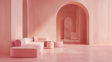 Modern interior with luxurious curved pink furniture, accented by arches and a clean, minimalist aesthetic. Sophisticated design.