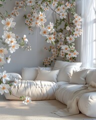 Fototapeta na wymiar Living room with white furniture and floral wall decor