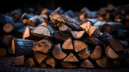 Foto op Plexiglas A stack of logs neatly arranged on top of a wooden floor © Viktor