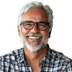 Obraz premium Joyful Senior Man with White Hair and Glasses in Plaid Shirt Transparent PNG
