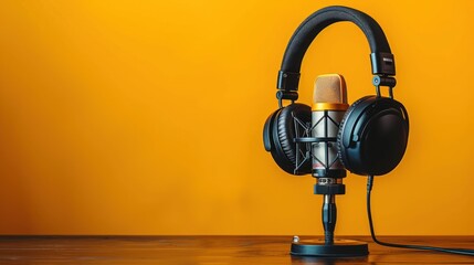 Top view of headphones placed neatly on a wooden table