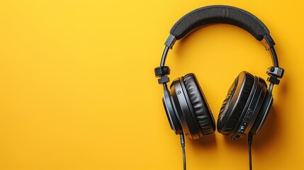 Pair of headphones resting on vibrant yellow surface