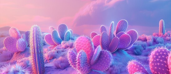 A group of vibrant pink and blue cactus plants stand out against a stunning background. The colors pop against the elevated terrain, creating a striking visual contrast. - Powered by Adobe
