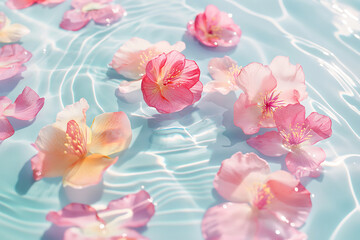 Fototapeta na wymiar Close-up image showcasing the gentle ripple effect and the delicate pink cherry blossoms serenely floating on the turquoise water.