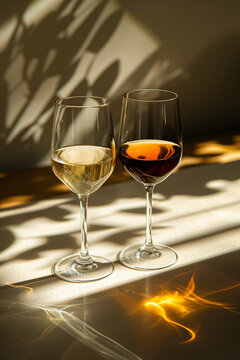 An artistic image capturing two glasses of wine, one with white and the other with red, casting shadows in sunlight. Party concept.