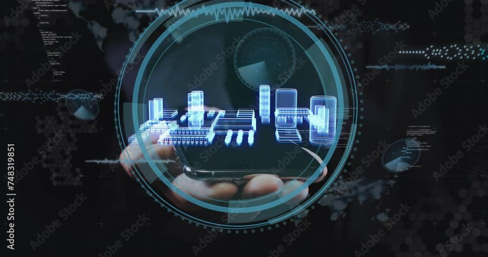 Poster animation of model of computing board with hand over data processing