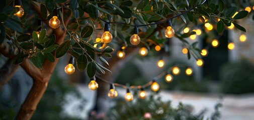 outdoor light string hanging on a tree with green leaves