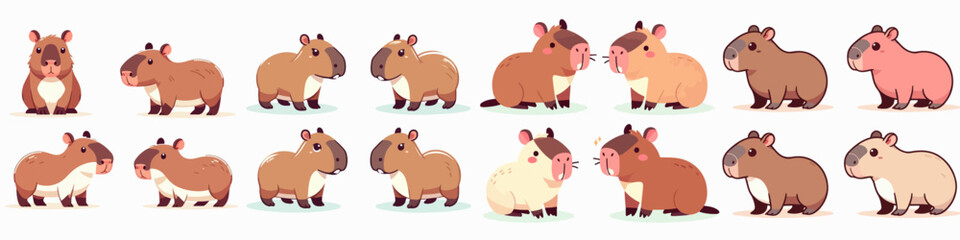 Vector set of capybaras with a simple cartoon flat style and white background