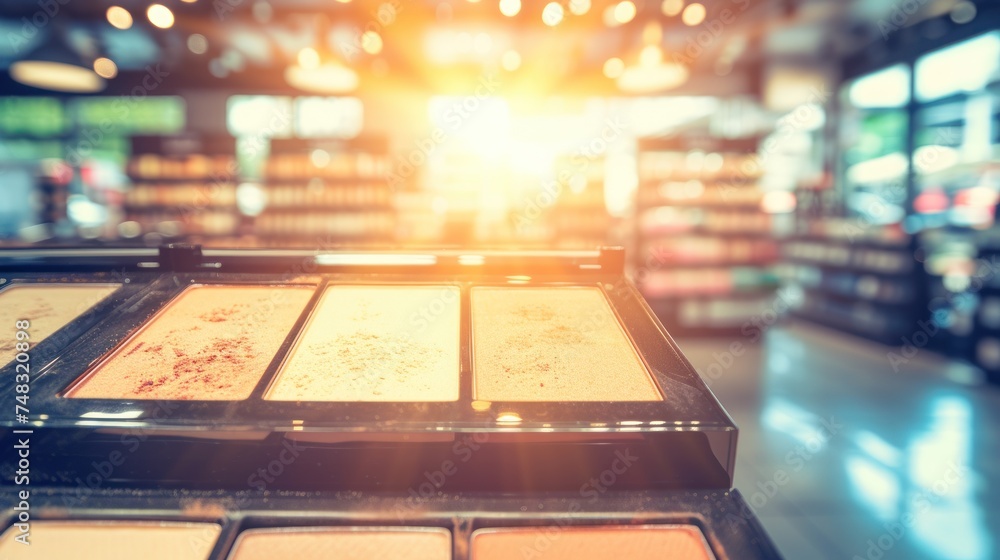 Poster a close up of a makeup palette in a store with the sun shining down on the products in the backgroun