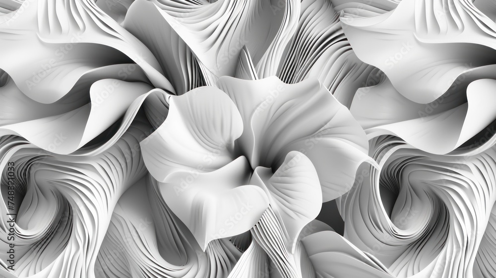 Poster a black and white photo of a flower that is in the middle of an abstract pattern of lines and curves