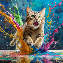Eine Katze springt erschrocken über Farbe, während Farbspritzer zu allen Seiten spritzen. - obrazy, fototapety, plakaty