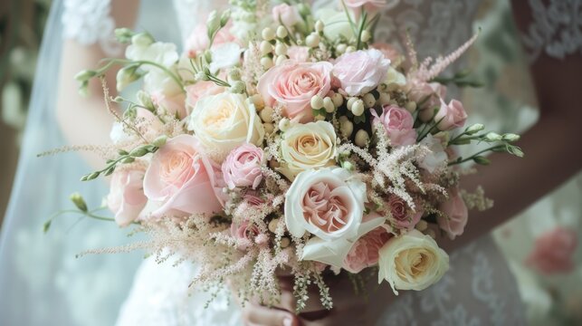 a close up of a bride holding a bouquet of pink and white flowers with greenery on the side of her dress.