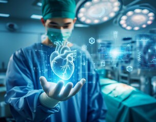 Doctor in operating room and heart system graphic hologram technology generative ai art