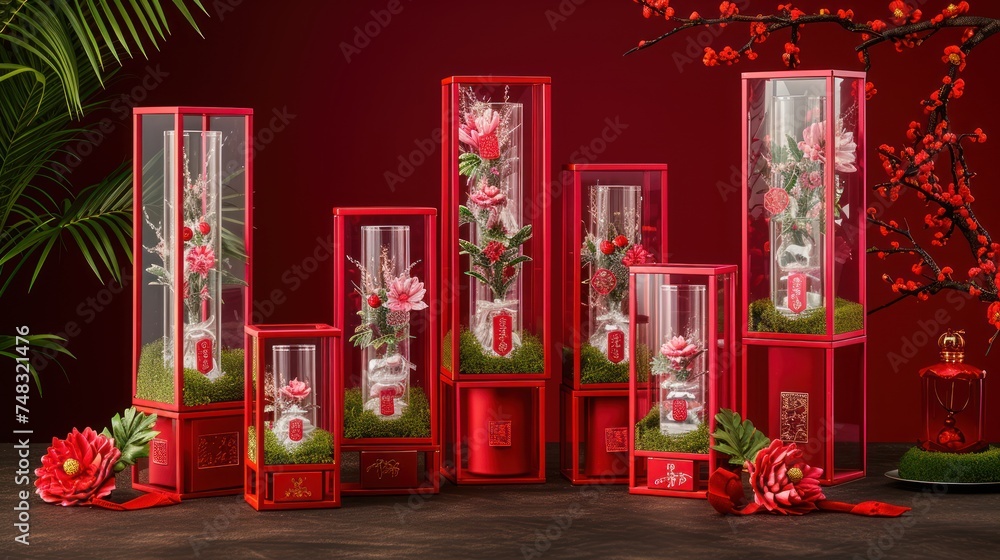 Poster a group of red vases with flowers and plants inside of them on a table next to a red wall.