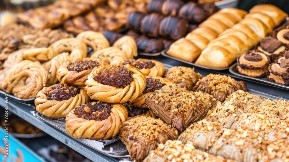 Poster a display case filled with lots of different types of pastries and pastries on trays next to each ot