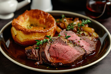 A plate of roast beef and Yorkshire pudding, a traditional Sunday roast dinner in England - obrazy, fototapety, plakaty