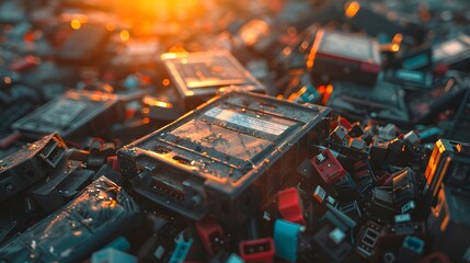 Waste full of battery, recycling, E-waste heap from discarded laptop parts, electronics industry, eco, sorting and disposal of electronic waste concept, blurred image