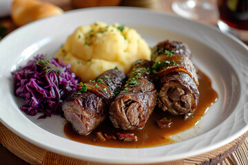 A plate of Rouladen, a typical German dinner, often served with potato dumplings, red cabbage and gravy.  - Powered by Adobe