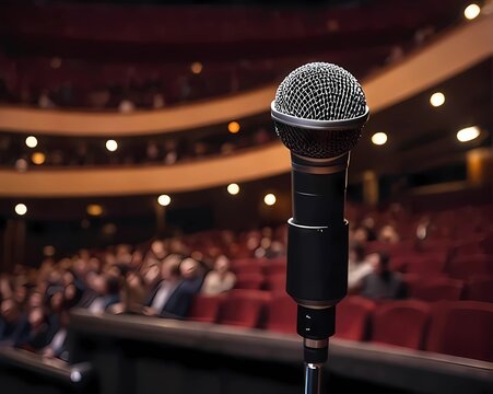 A single microphone on a stand is highlighted by a spotlight against a blurred background of an auditorium filled with an expectant audience, suggesting a live performance or speech