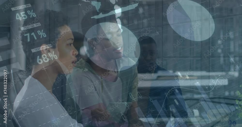 Poster animation of data processing and diagrams over diverse female colleagues discussing work
