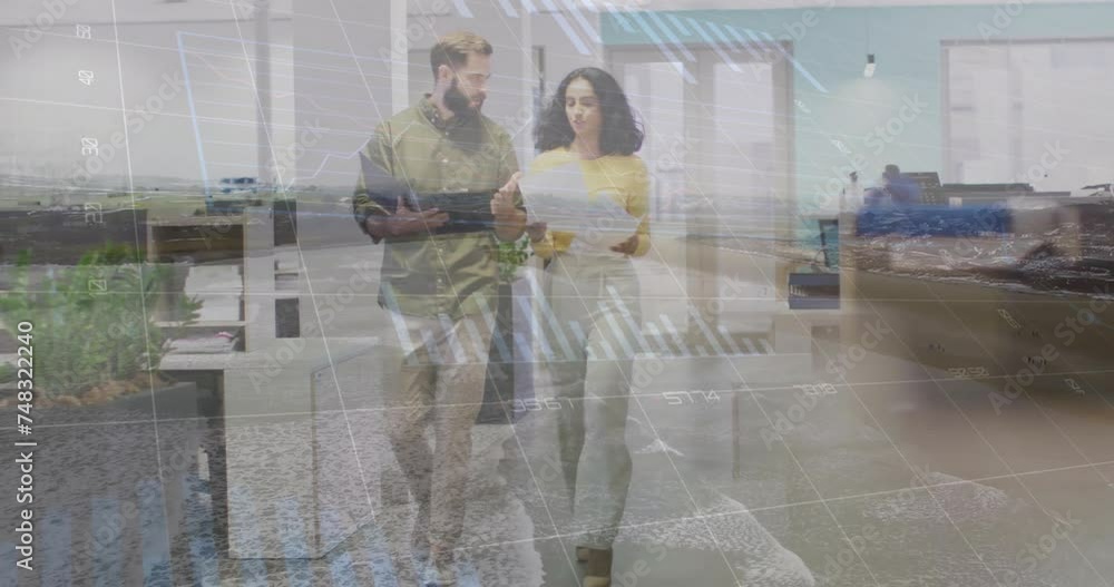 Poster animation of data processing and diagrams over diverse colleagues discussing work
