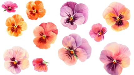 a group of different colored pansies on a white background with one flower in the middle and the other flower in the middle.