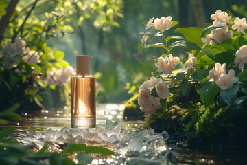 Perfume Bottle Resting on River - obrazy, fototapety, plakaty
