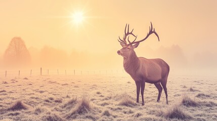 a deer standing in the middle of a field with the sun shining through the fog in the sky behind it.