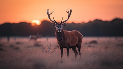 a deer standing in the middle of a field with the sun setting in the back ground and trees in the background.