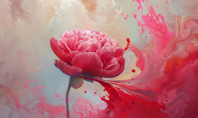 artistic red peony with abstract paint swirls on ethereal backdrop - obrazy, fototapety, plakaty