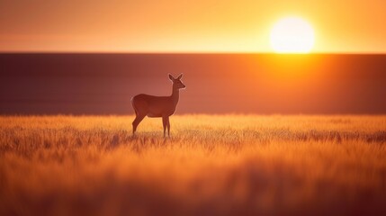 a deer standing in a field with the sun setting in the background and a person taking a picture of it.
