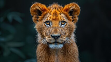 Obraz premium A small lion cub captured up close, showcasing its features and youthful energy