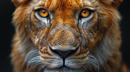 A close view of a lions face showing its orange eyes and features
