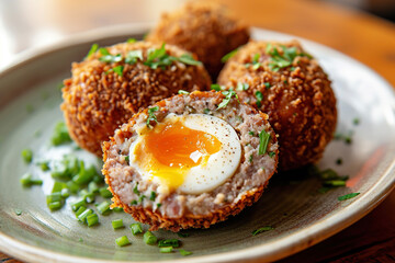 A plate of Scotch egg, a hard-boiled egg wrapped in sausage meat, coated in breadcrumbs, and deep-fried.
