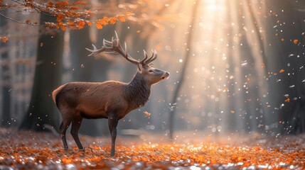 a deer standing in the middle of a forest with leaves falling off of it's antlers and trees in the background.