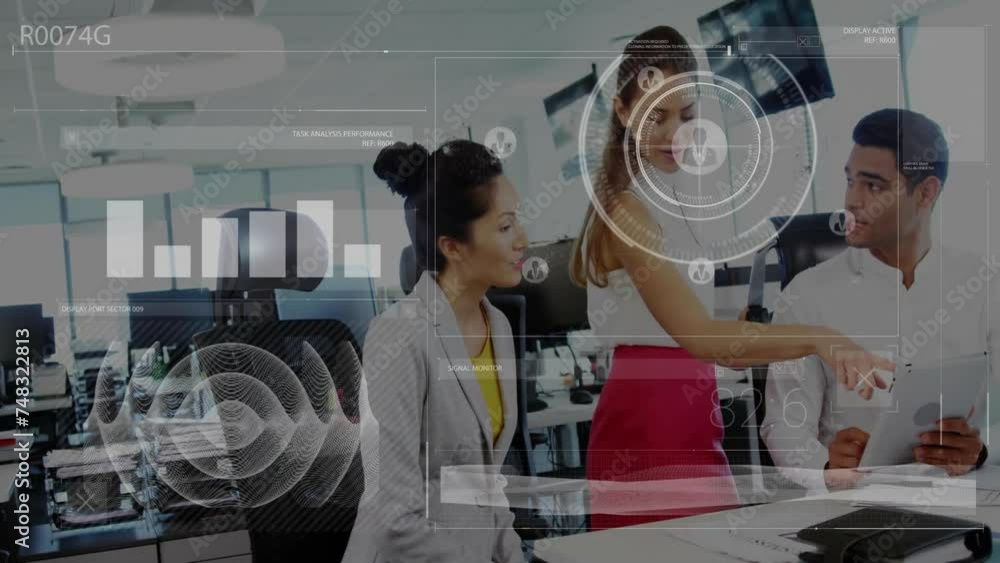 Poster animation of data processing and diagrams over diverse colleagues discussing work