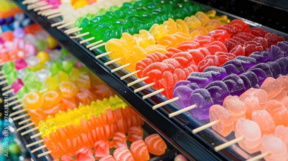 Poster a bunch of gummy bears that are on a skewer on a rack in front of a store.