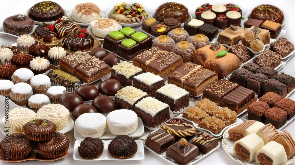 Poster a table topped with lots of different types of cakes and desserts next to a plate of chocolates and 