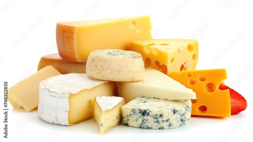 Poster a pile of different types of cheese on a white background with a slice of strawberry on the side of 