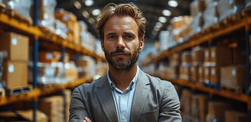 portrait of business man standing in warehouse in the end