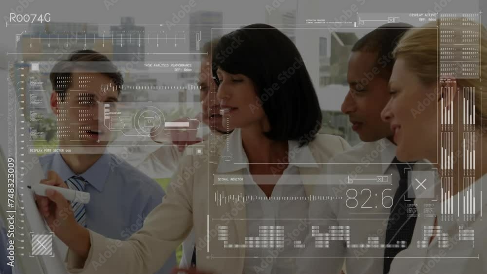 Poster animation of data processing and diagrams over diverse colleagues discussing work
