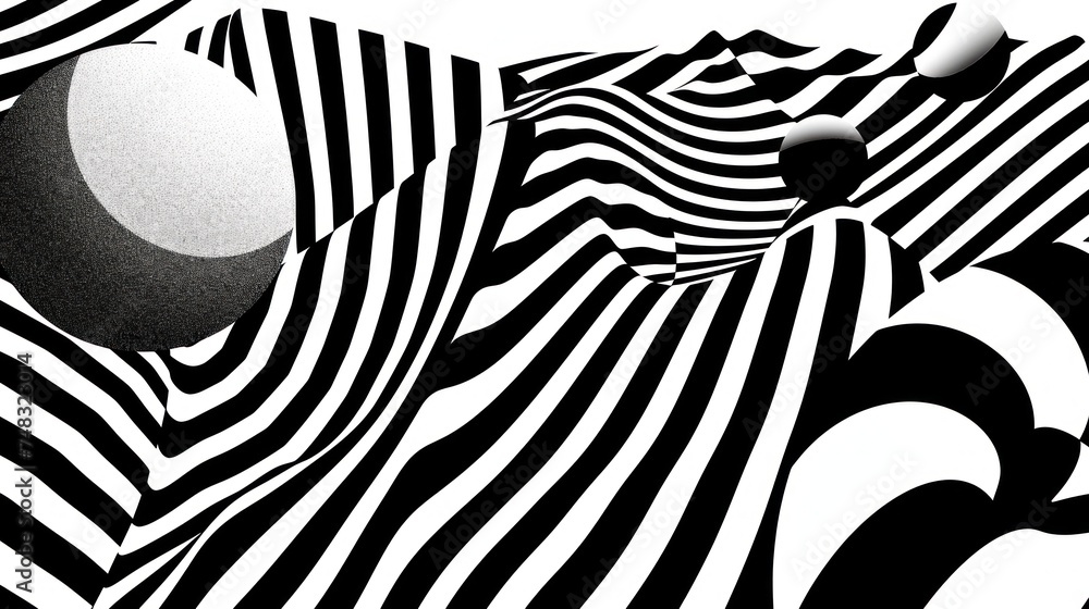 Poster a black and white image of an apple in the middle of a wave of black and white lines with a white ba