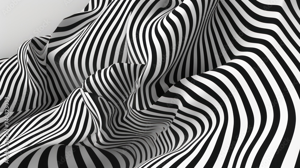 Poster a black and white photo of a wavy surface with a black and white stripe pattern on the top of it.