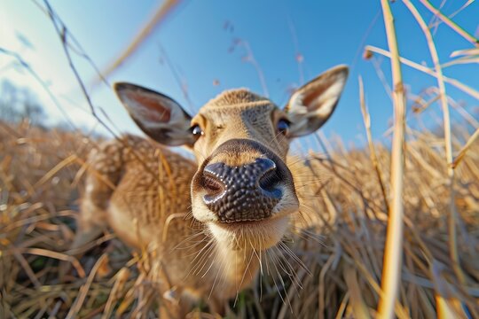 Deer Close up Portrait, Fun Animal Looking into Camera, Deer Nose, Wide Angle Lens