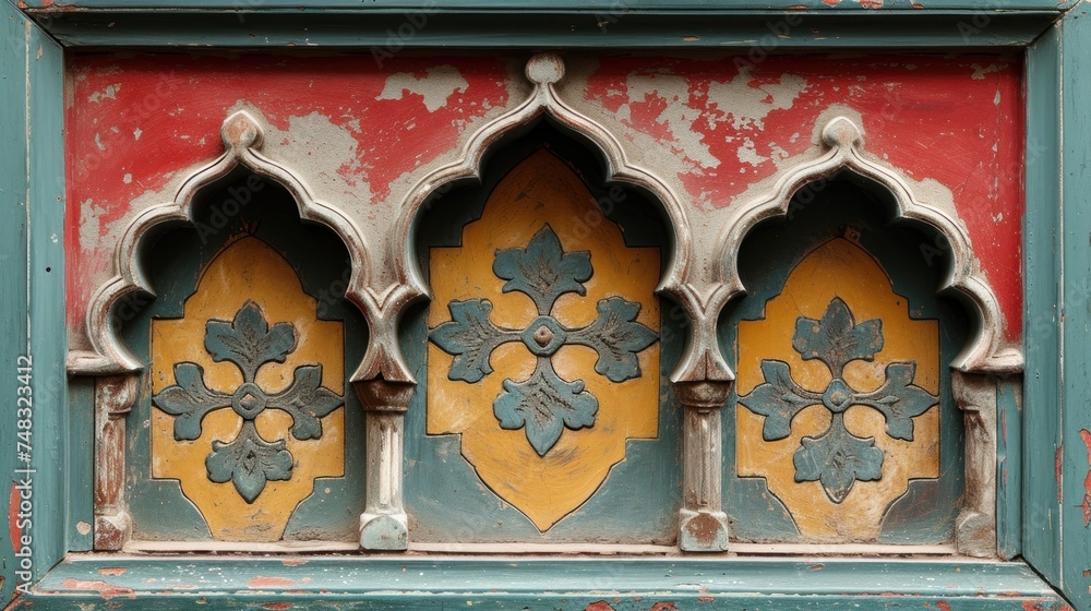 Poster a close up of a window with a decorative design on the outside of the window and on the inside of th