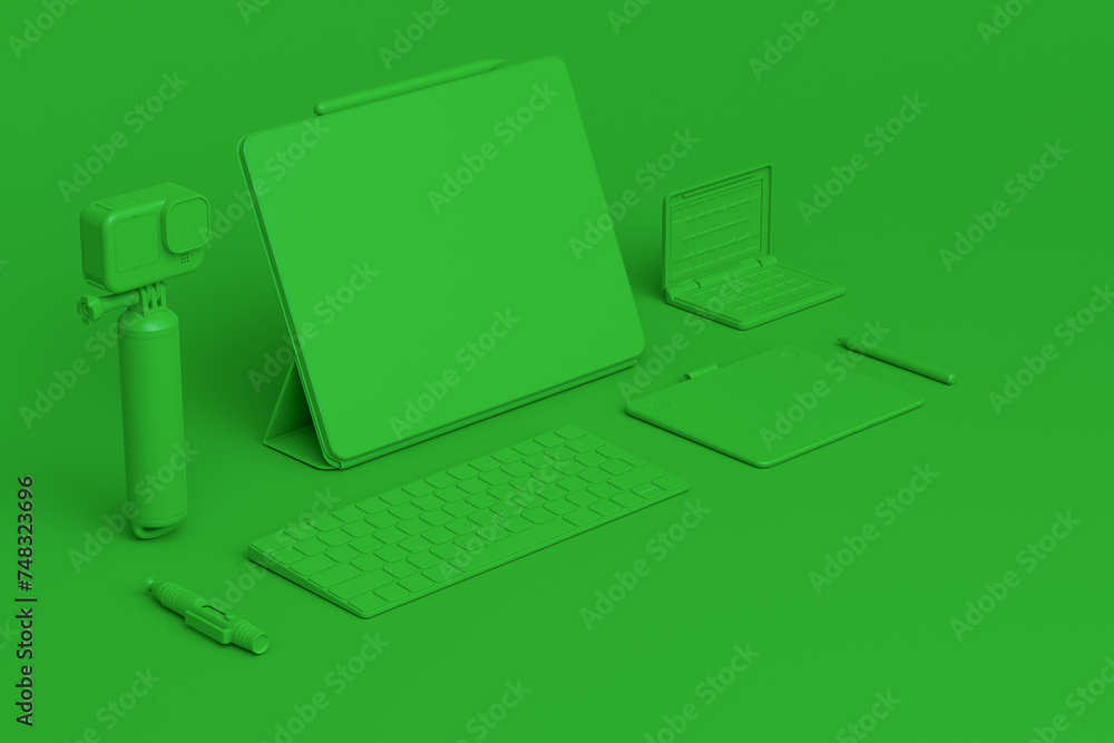 Poster Desktop computer with keyboard, tablet, drone and action camera on monochrome