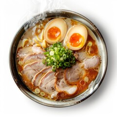 Steaming Bowl of Ramen with Pork, Egg, and Green Onions Generative AI