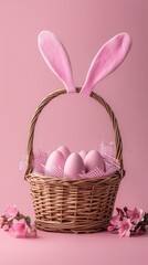 a basket filled with pink eggs with bunny ears sticking out of the top of one of the eggs, on a pink background.