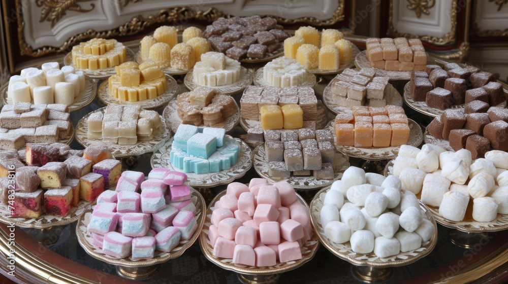 Poster a table topped with lots of different types of marshmallows next to a gold tray filled with differen